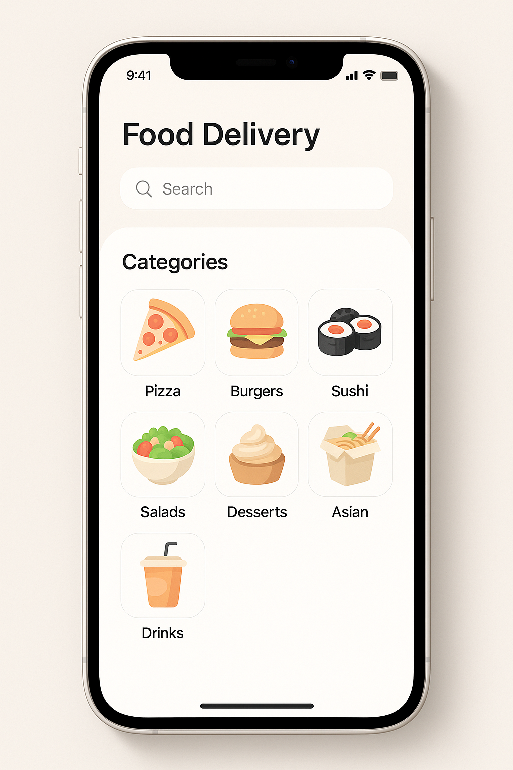 Mobile UI of a food delivery app showing categories like Pizza, Burgers, Sushi, and Drinks